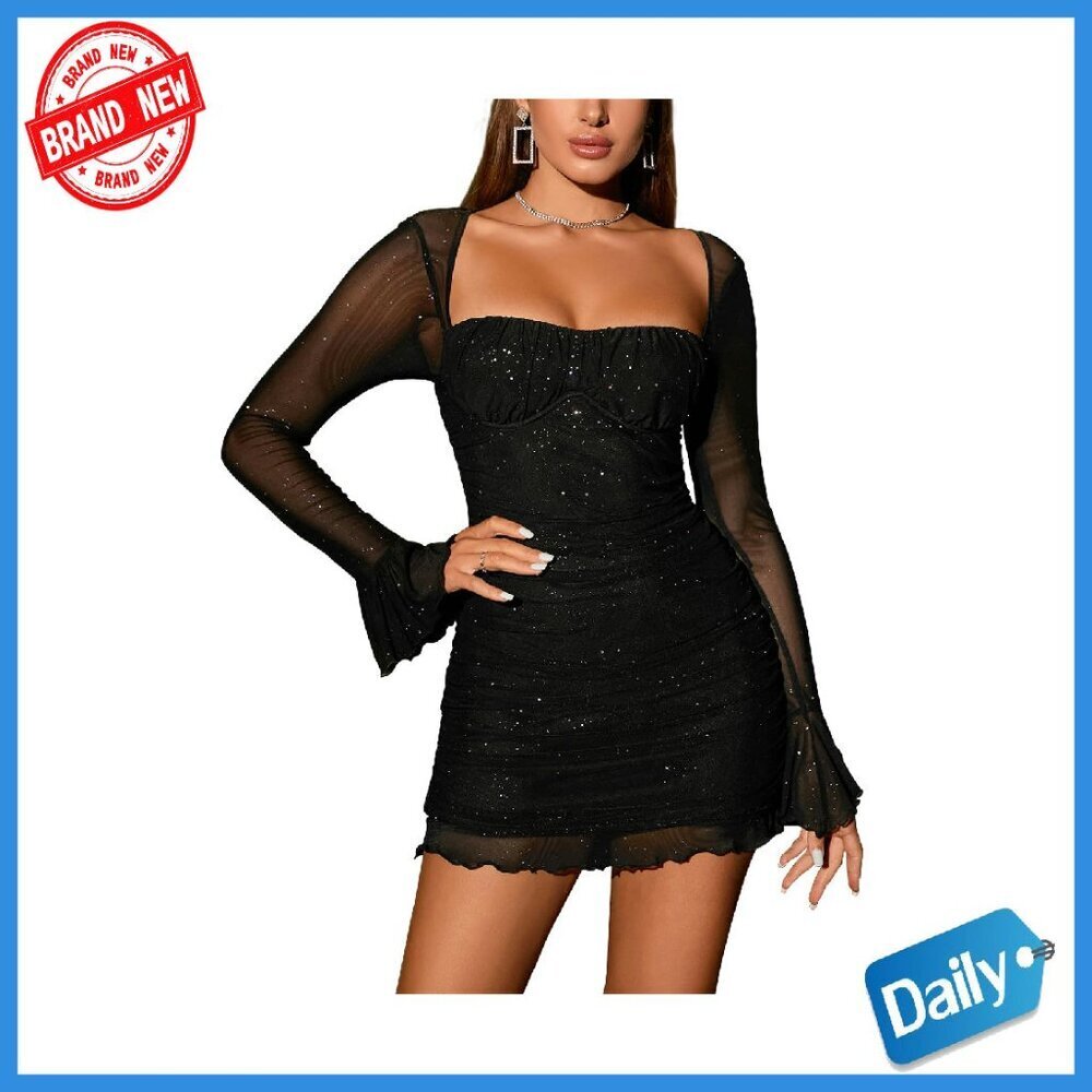 Sheer Long Sleeve Sequin Bodycon Mini Dress Ruched Backless Party